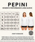 Pepini women's performance long sleeve shirt size chart with measurements.